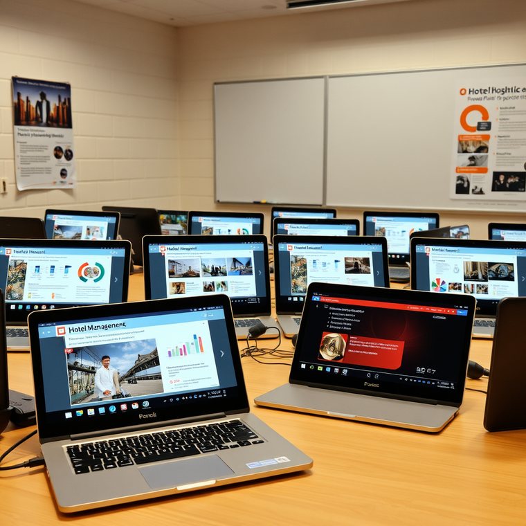 A room with computers and presentations