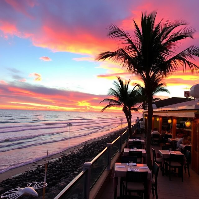 A restaurant terrace at sunset