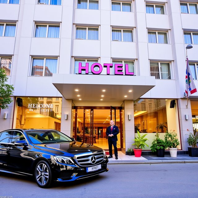 A hotel entrance with a doorman