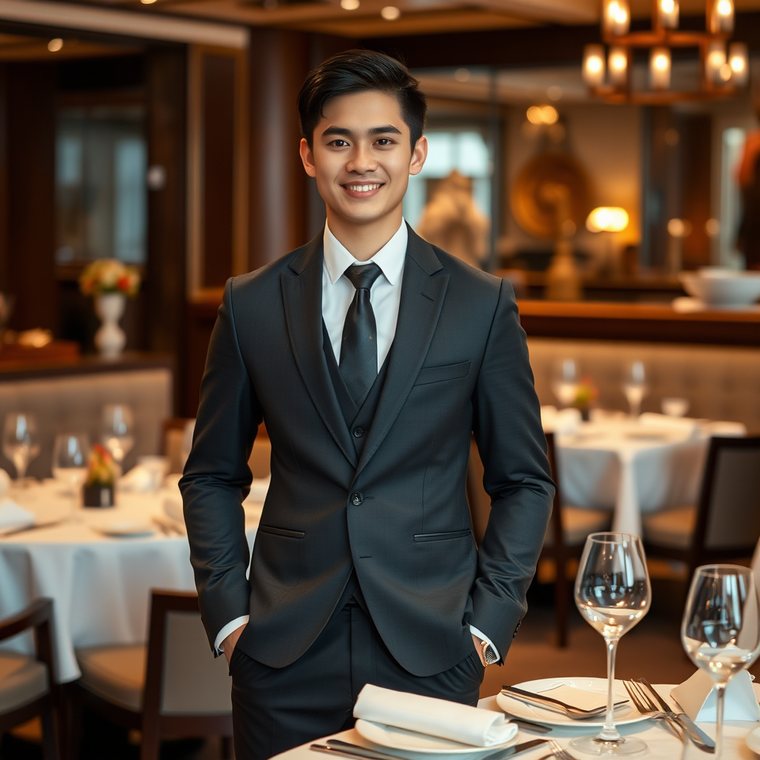 A waiter in a restaurant dining room